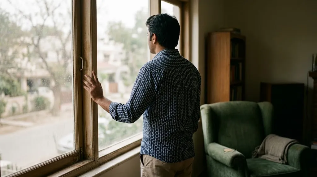 A man stands at a window with his back to the room, taking a moment