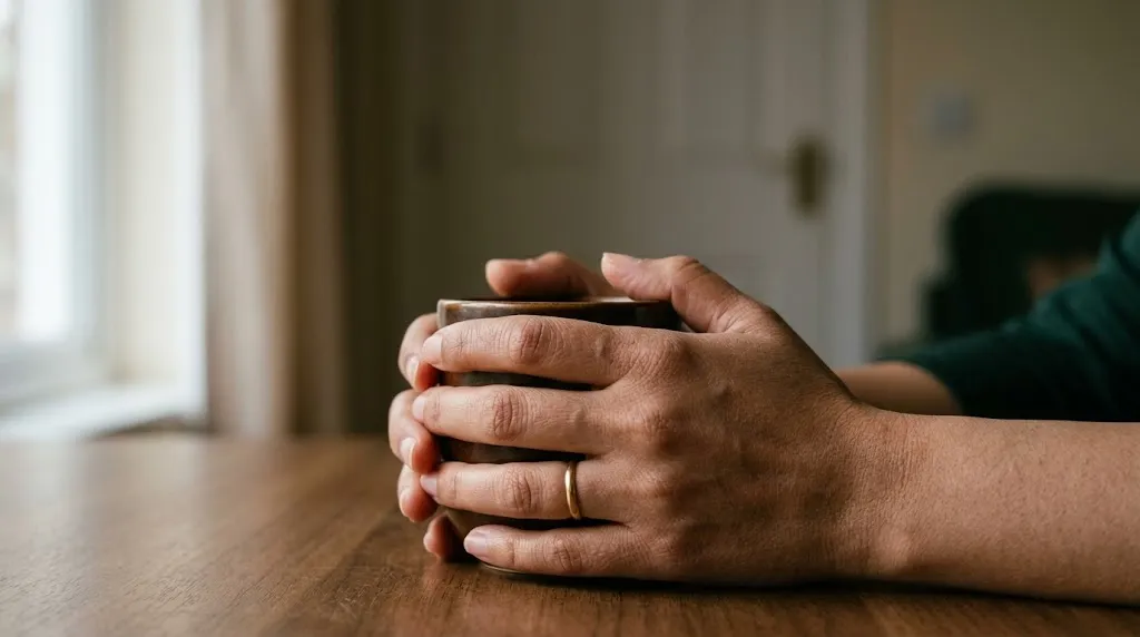 A person's hands wrapped around a warm cup, steadying, seen close up