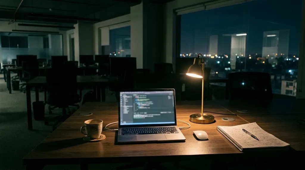 A desk late in the evening with a laptop still open, a cold cup of tea, and the office lights low