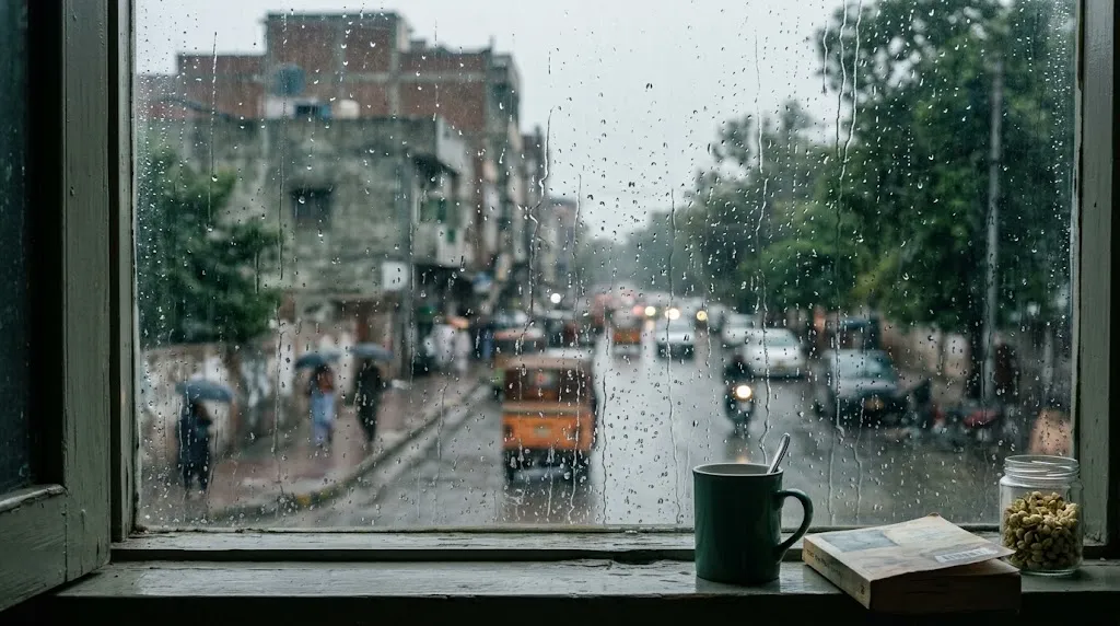 A window with rain on the glass, the view beyond softened and indistinct