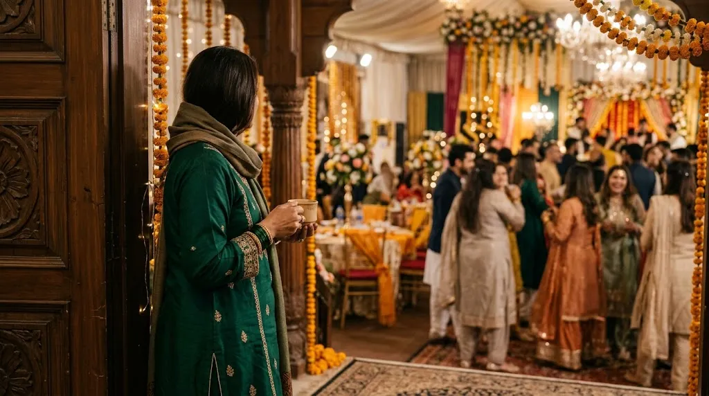 A person standing slightly apart at the edge of a brightly lit wedding hall, holding a cup