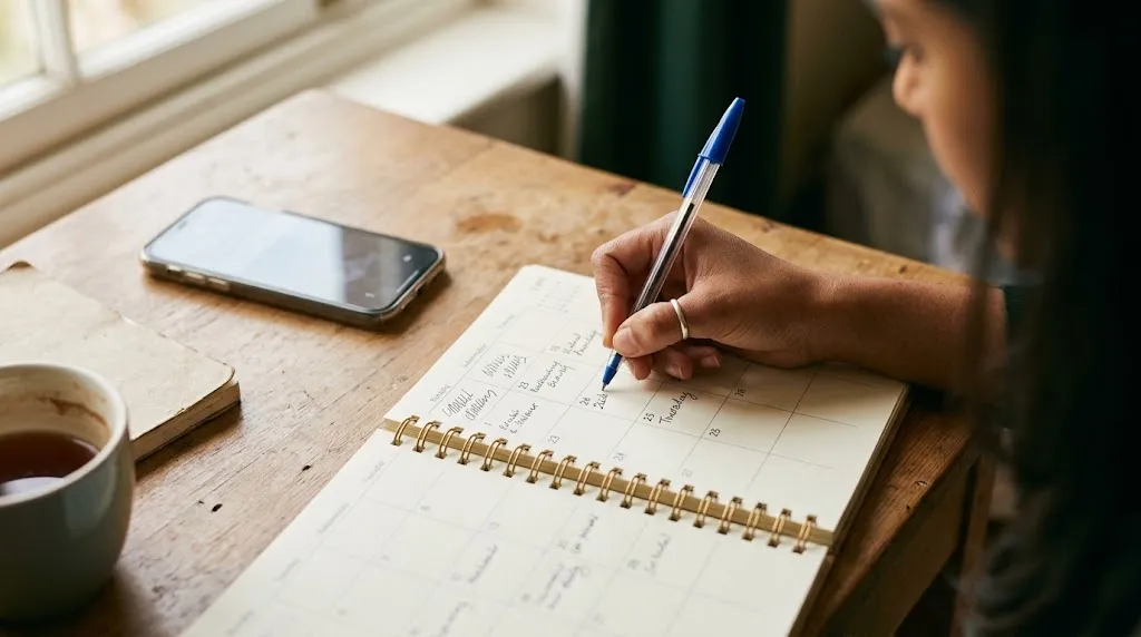 A hand marking a date in a paper diary beside a phone