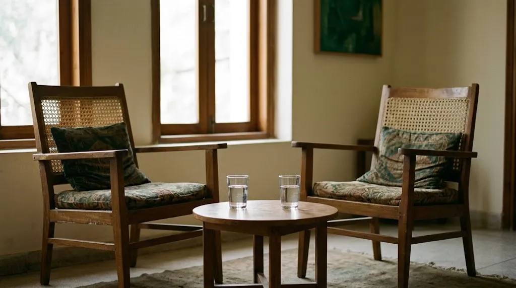 Two chairs turned slightly towards each other beside a window