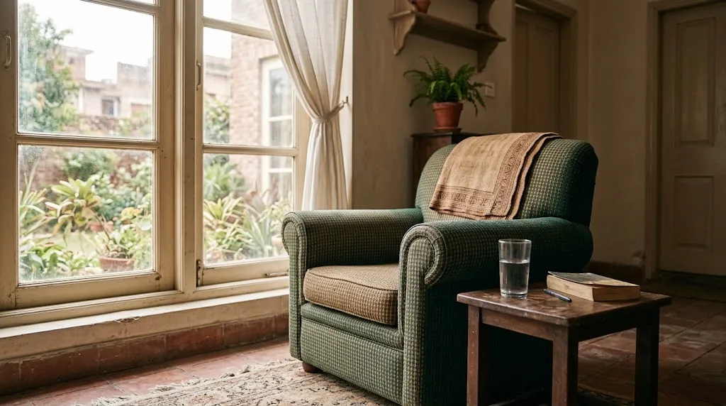 A single chair beside a window in a quiet, uncluttered room