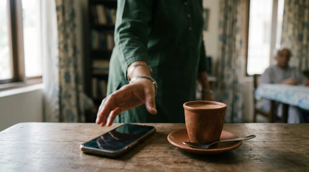A phone resting on a table showing a message screen, beside a cup of tea
