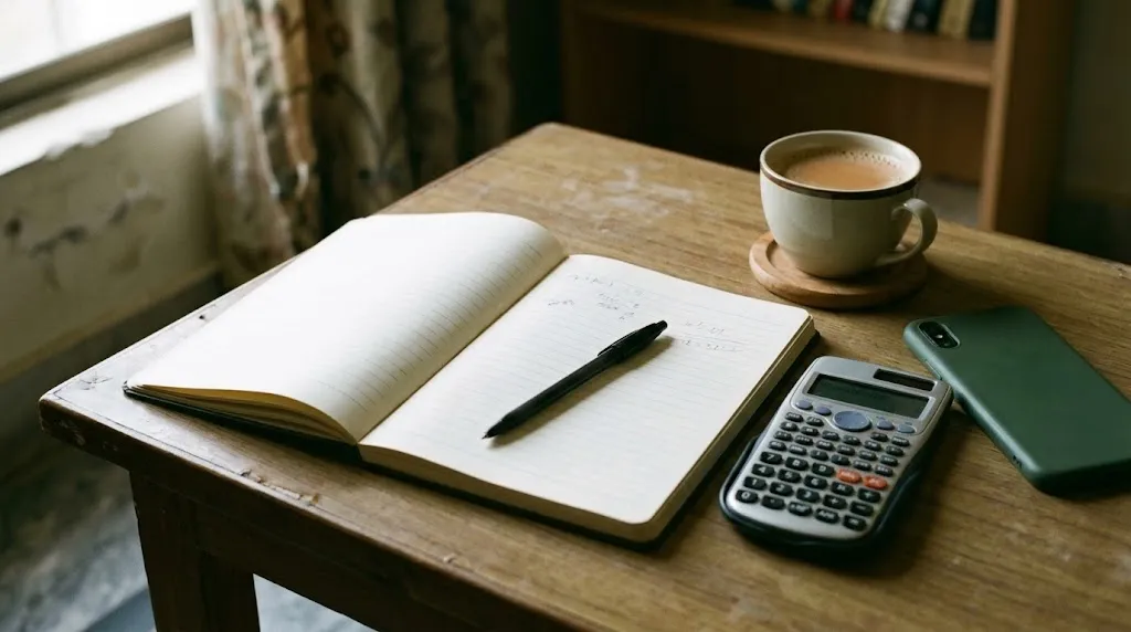 A notebook and pen on a table where someone has been working out what sessions will cost