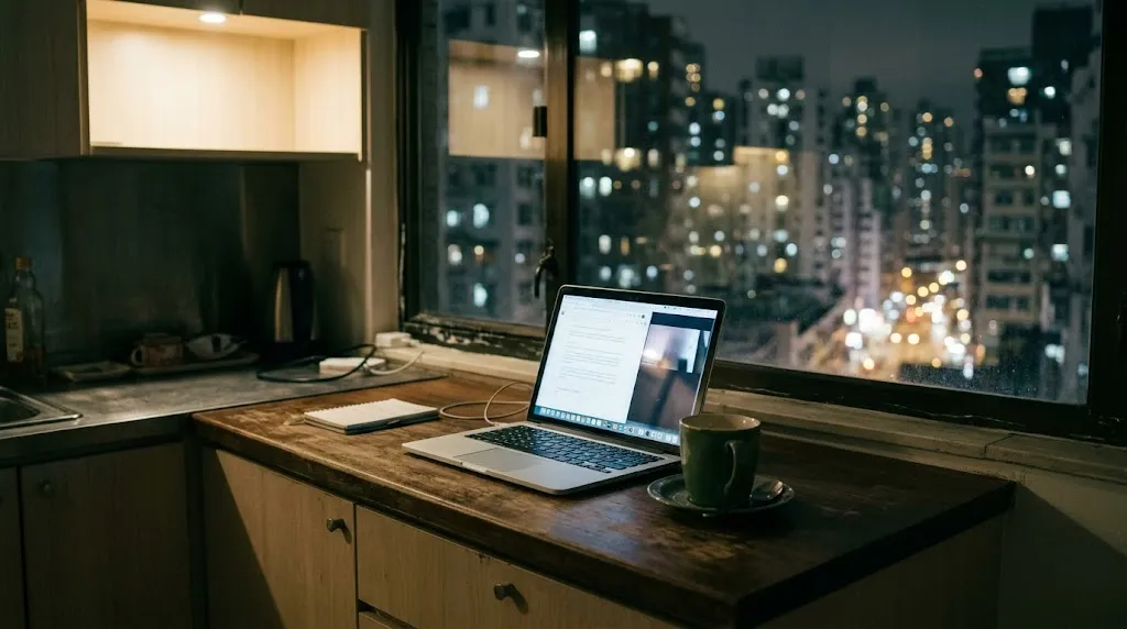 A laptop open on a kitchen table at night, a late call across time zones