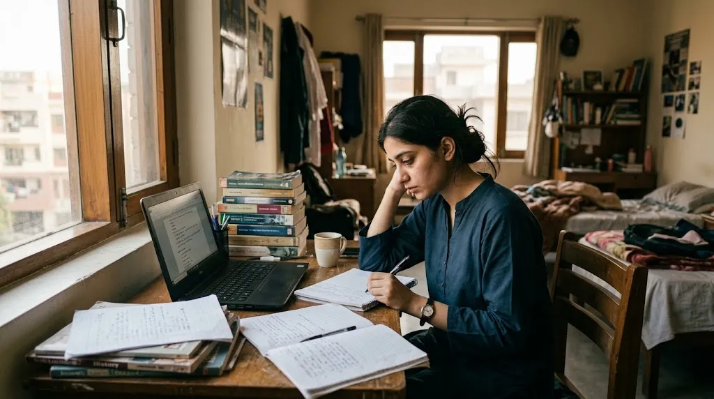 A university student works at a desk stacked with books and a laptop