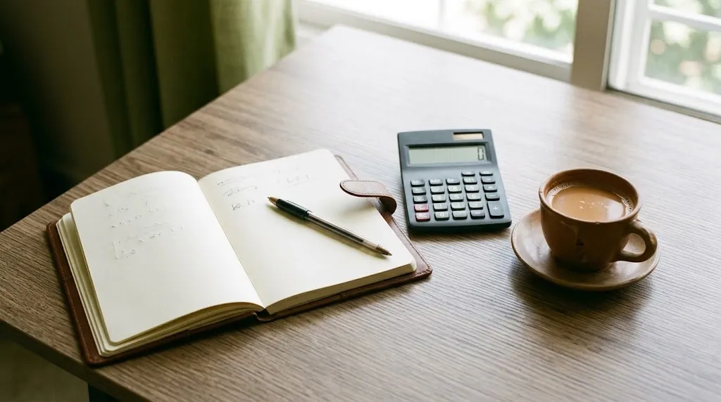 A notebook, pen and calculator laid out while comparing session packages
