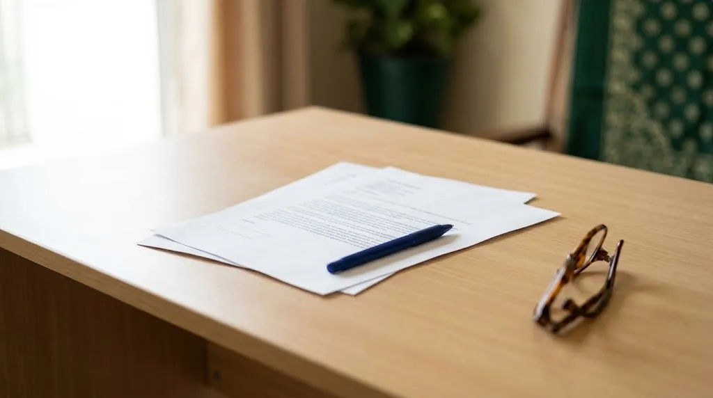A printed document and a pen on a desk in clear daylight