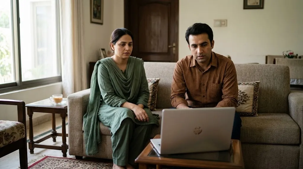 A couple sit together on a sofa facing a laptop during an online couples counseling session