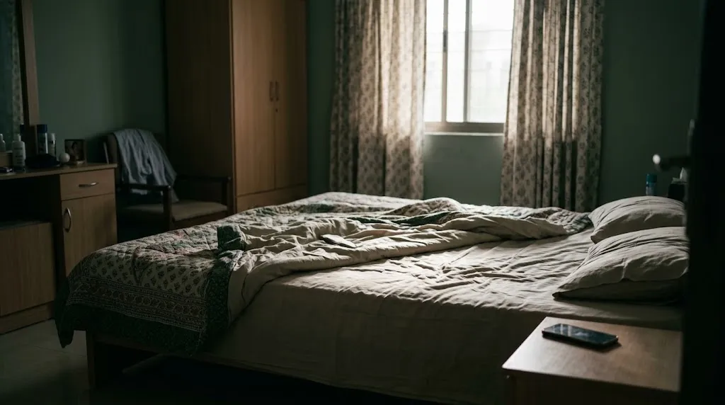 Morning light falling across an unmade bed and a half-open curtain