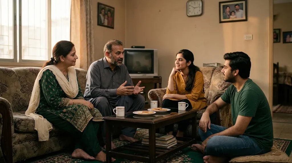 Three generations of a family sitting together in a living room, mid-conversation