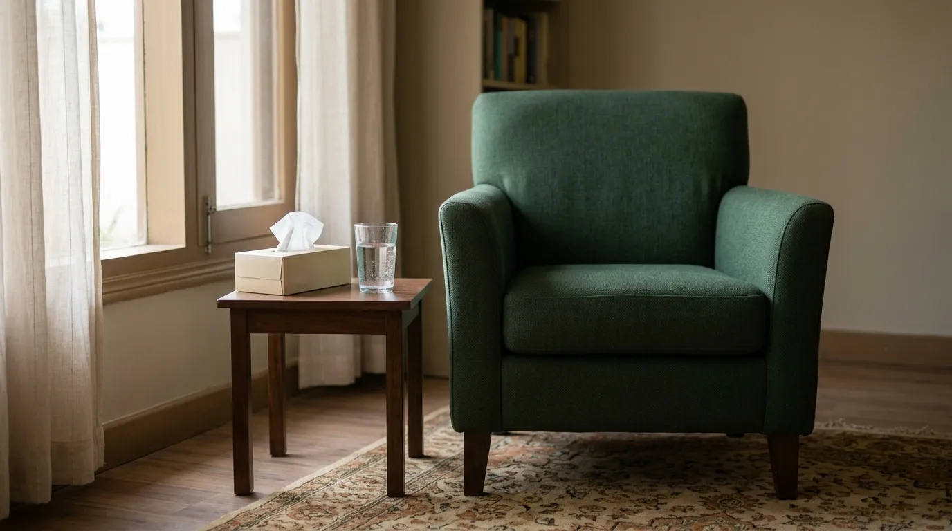 An empty chair and a side table in a calm room, waiting for a first session