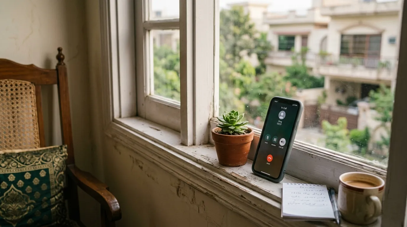 A phone propped on a windowsill during a short call, with daylight behind it