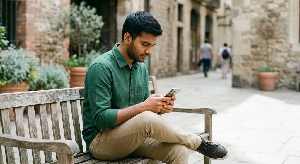 A person sits on a bench outside using a phone to look something up