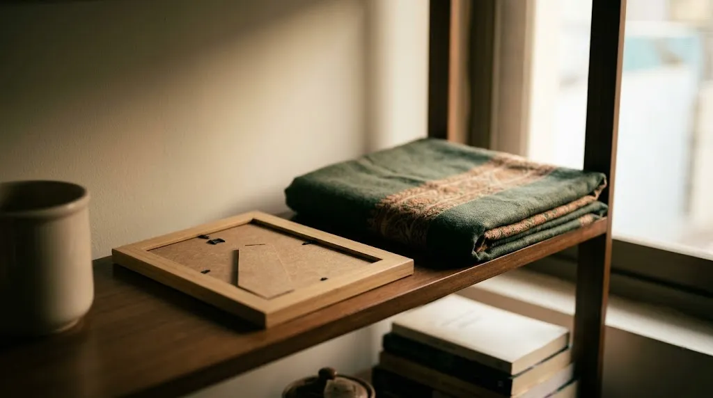 A framed photograph face down on a shelf beside a folded shawl