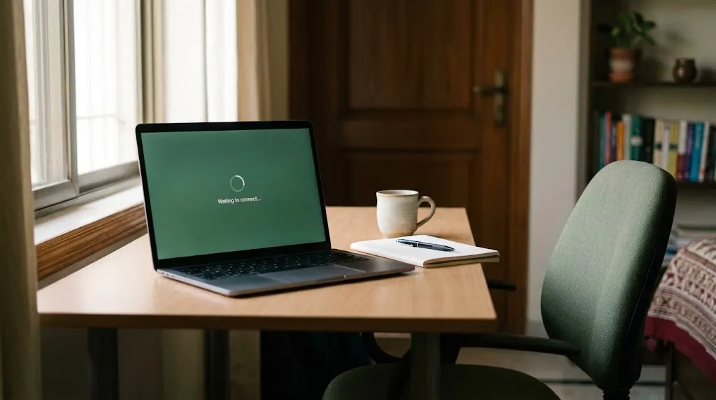 A laptop on a desk showing a waiting screen before an online session begins