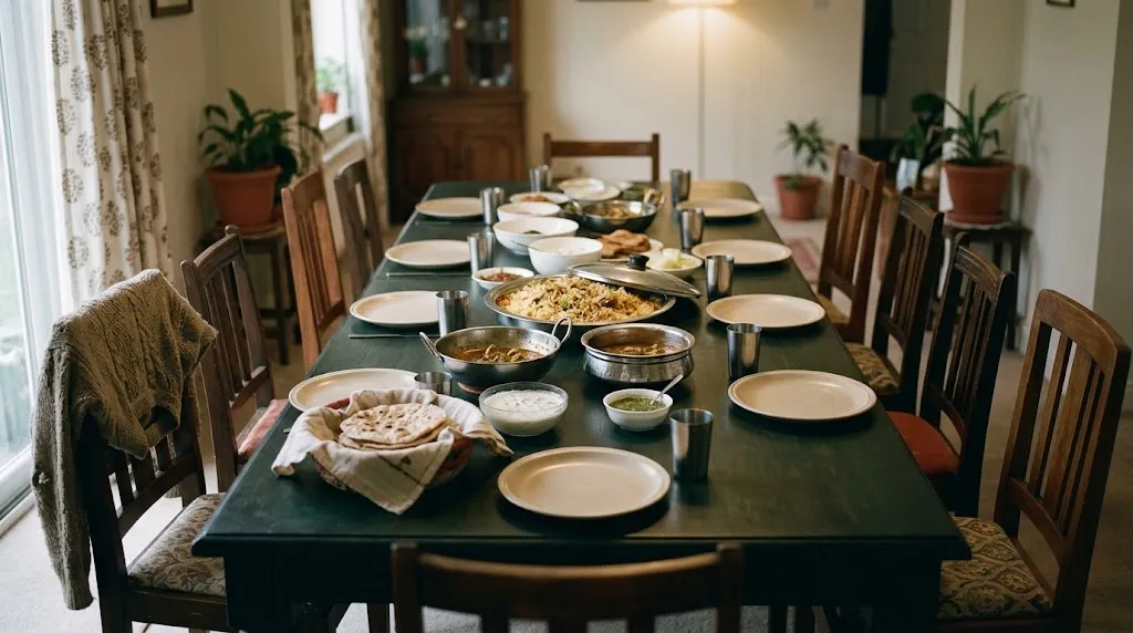A large family dining table laid for a shared meal in a joint household