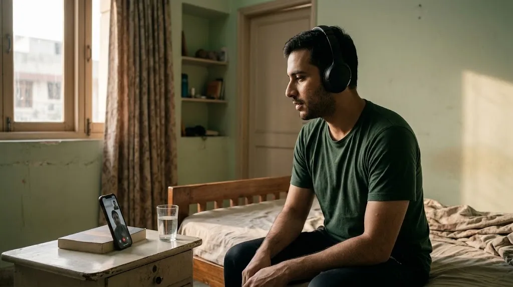 A man sits alone in a room with headphones on during a one-to-one online counseling session