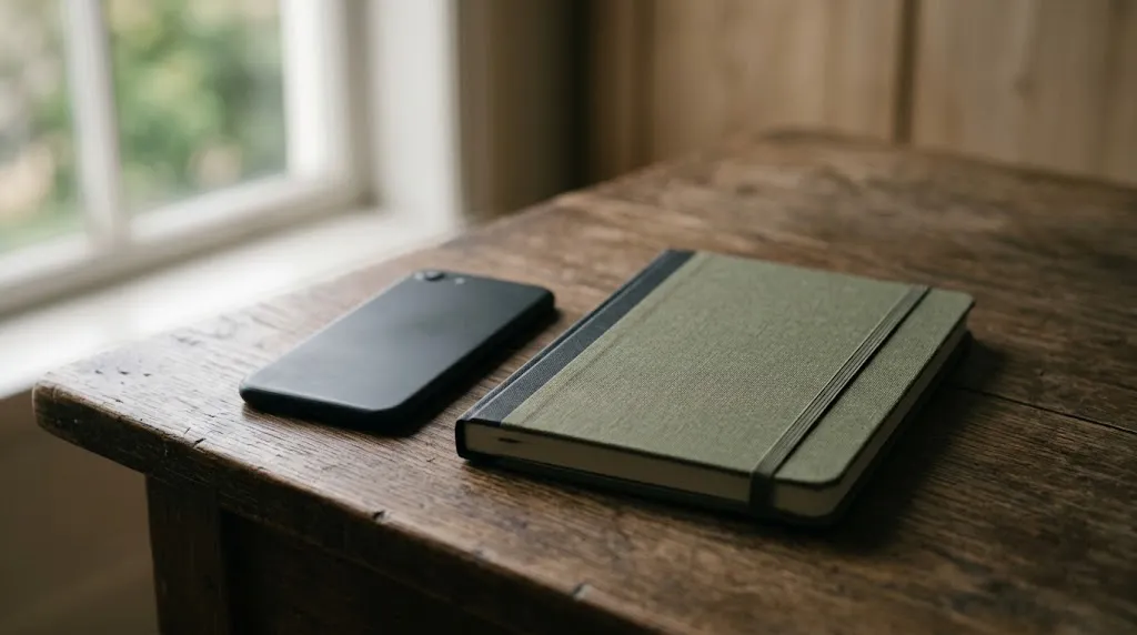 A phone lying face down on a table beside a closed notebook