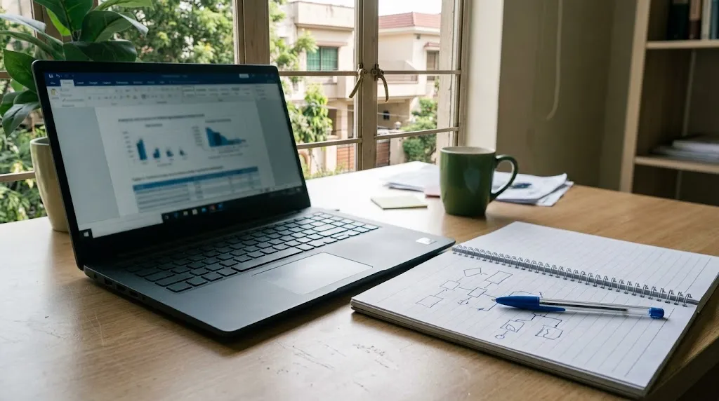A laptop and an open notebook side by side on a desk in clear daylight