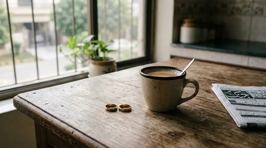 Two wedding rings resting beside a cup of tea on a kitchen table in morning light