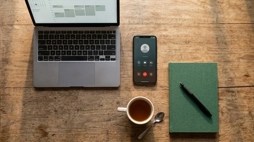 A phone, a laptop and a notebook on a table, the three ways an online counseling session can be held