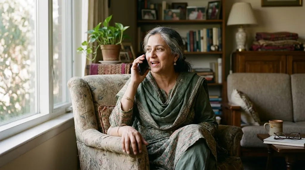 An older woman speaks on a phone call at home, at ease in her own language