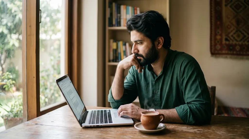 A person reads something carefully on a laptop, a cup of tea beside them