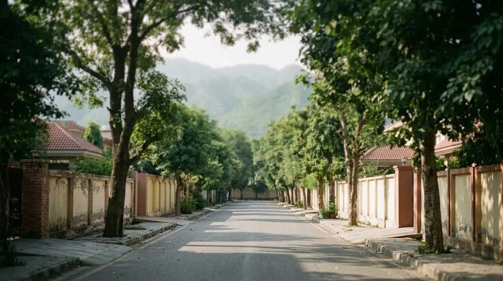 A quiet tree-lined residential street in Islamabad with the Margalla hills behind