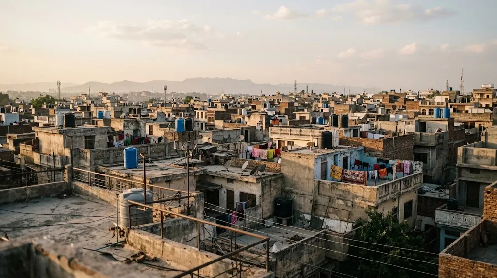 A rooftop view over Rawalpindi in warm late-afternoon light