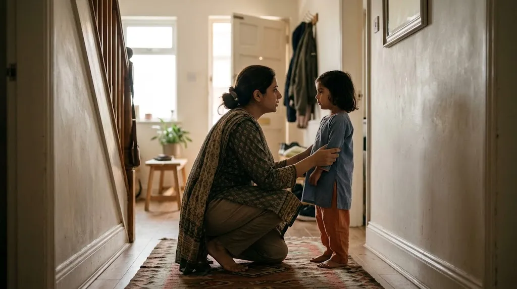 A parent kneels to talk to a child at eye level in a hallway at home