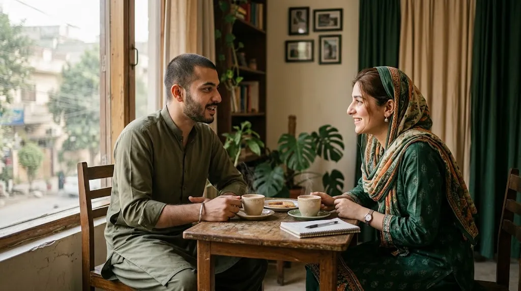 A young couple sit across a table from each other in conversation over tea