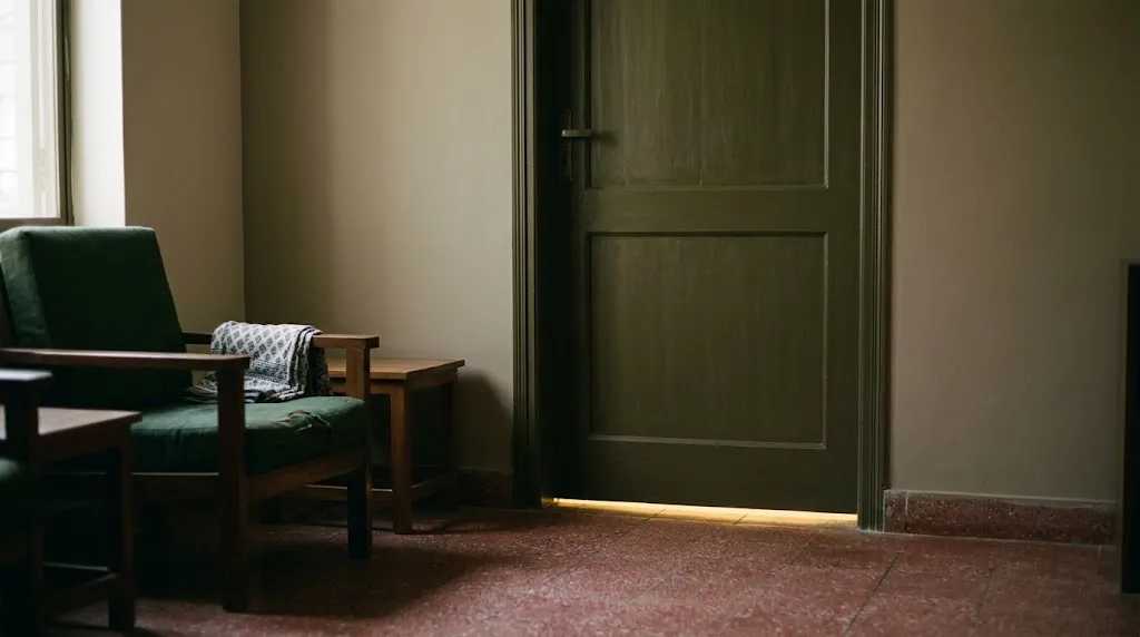 A closed door with daylight underneath it, seen from inside a private room