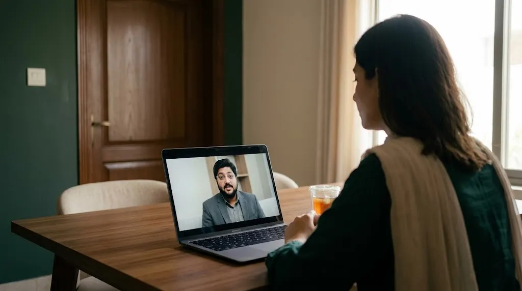 A woman sits at a window with a laptop, joining an online counseling session in a quiet room at home