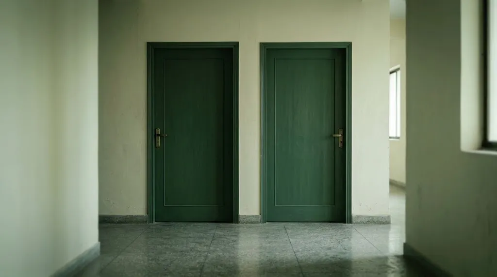 Two doors side by side in a plain corridor, suggesting a choice between two kinds of help