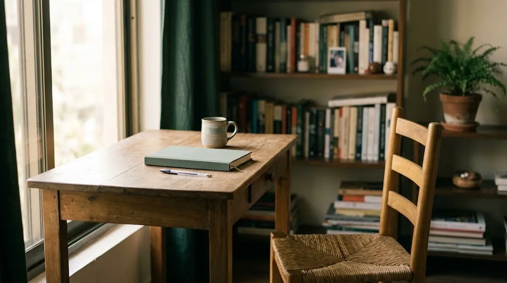 A psychologist's workspace with a desk, a notebook and a chair turned towards the camera