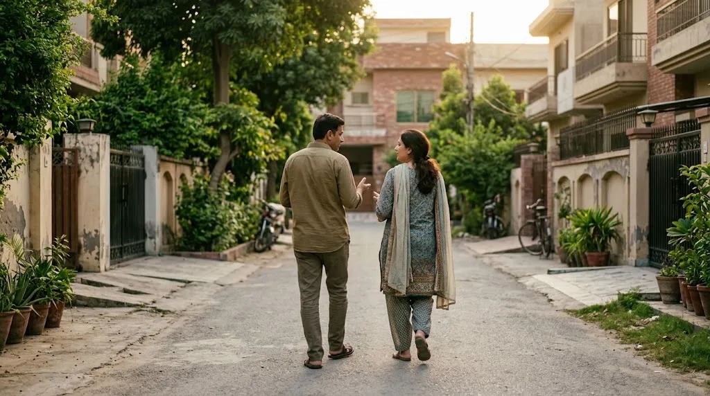 Two people walk side by side along a quiet street, talking
