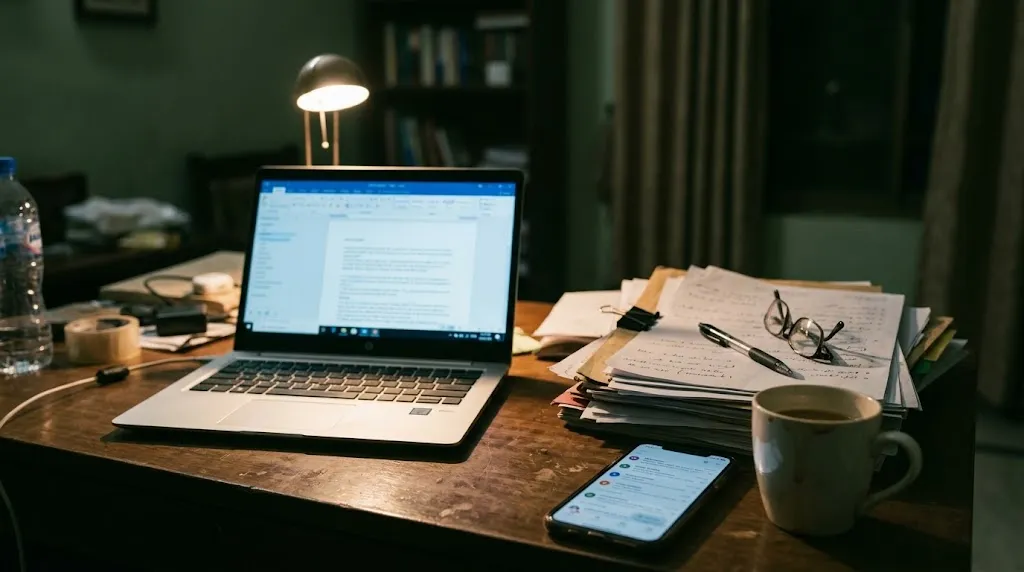A cluttered desk at night with a laptop still open and a cold cup of tea