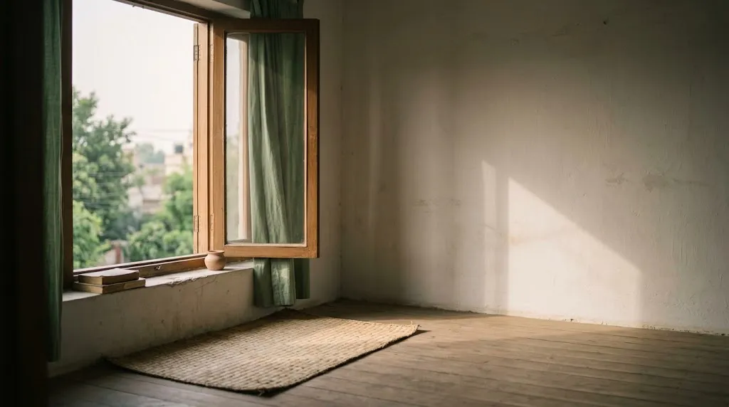 Early daylight coming through a half-open window into a still, quiet room