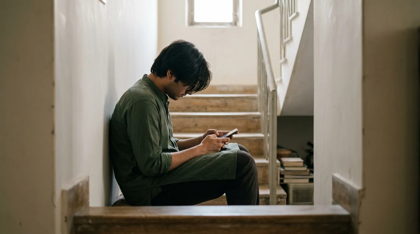 A person types a message on a phone while sitting on a stairwell away from the rest of the house