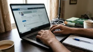 A person reading a professional profile on a laptop with a notepad of written questions