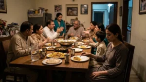 A family dinner table with a woman seated slightly apart, looking down at her plate
