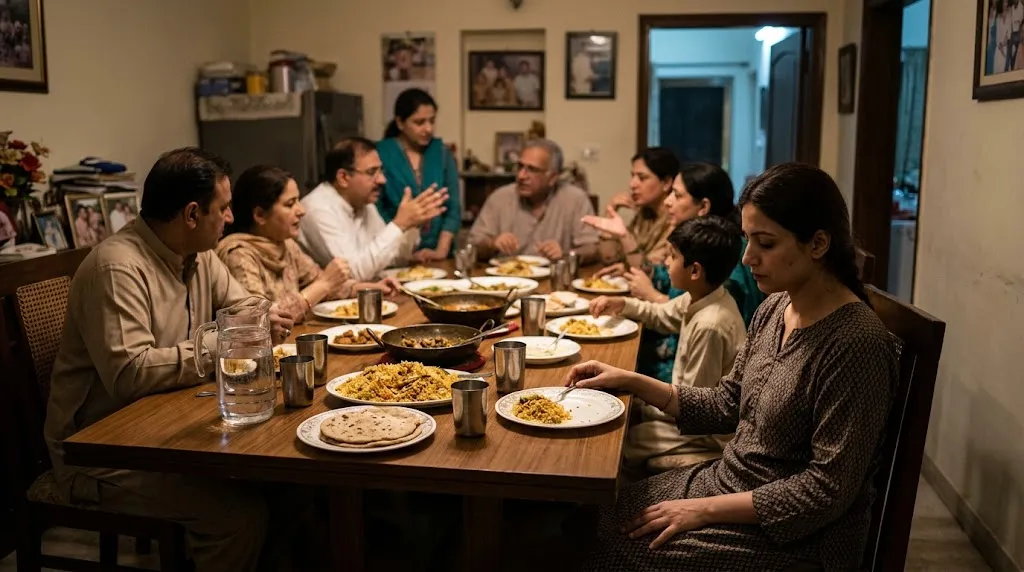 A family dinner table with a woman seated slightly apart, looking down at her plate