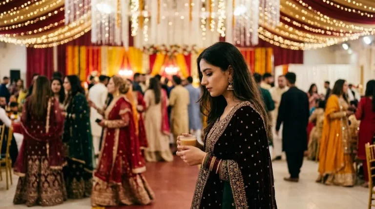 A young woman standing at the edge of a crowded wedding hall holding a cup, looking at the floor