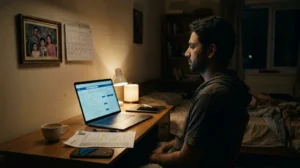 A young man at a laptop late at night with a job portal open, a CV printout beside him