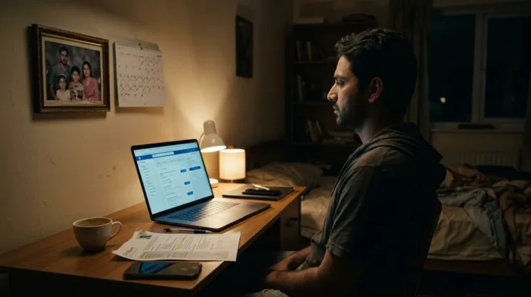 A young man at a laptop late at night with a job portal open, a CV printout beside him