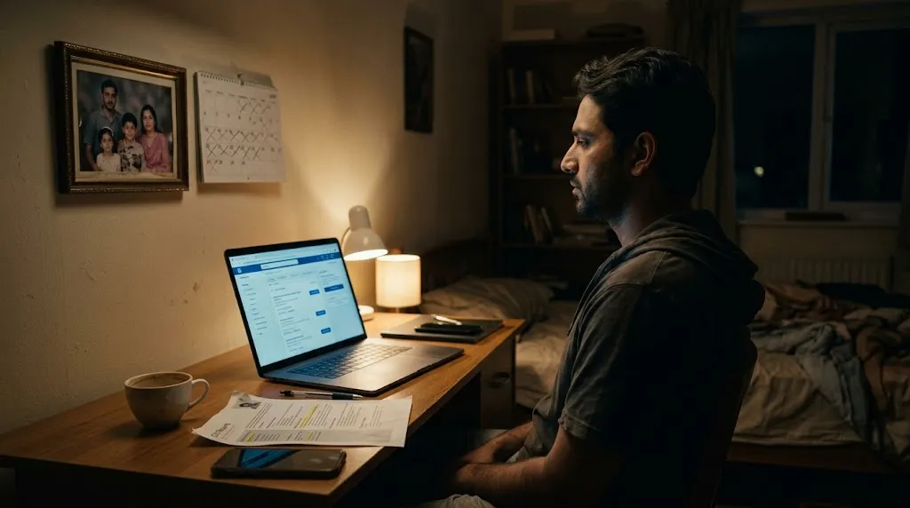 A young man at a laptop late at night with a job portal open, a CV printout beside him
